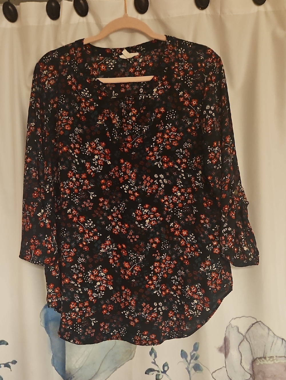 Maurices Black Blouse with Red Floral Print